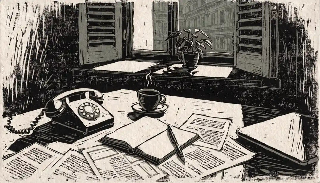 Schreibtisch mit Telefon, Notizbuch und Kaffee in einem sonnigen österreichischen Büro.
