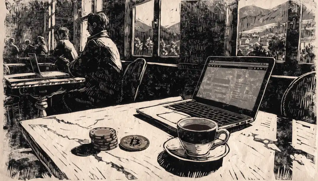 Wiener Kaffeehaus mit Laptop, Krypto-Münze und Casino-Chips