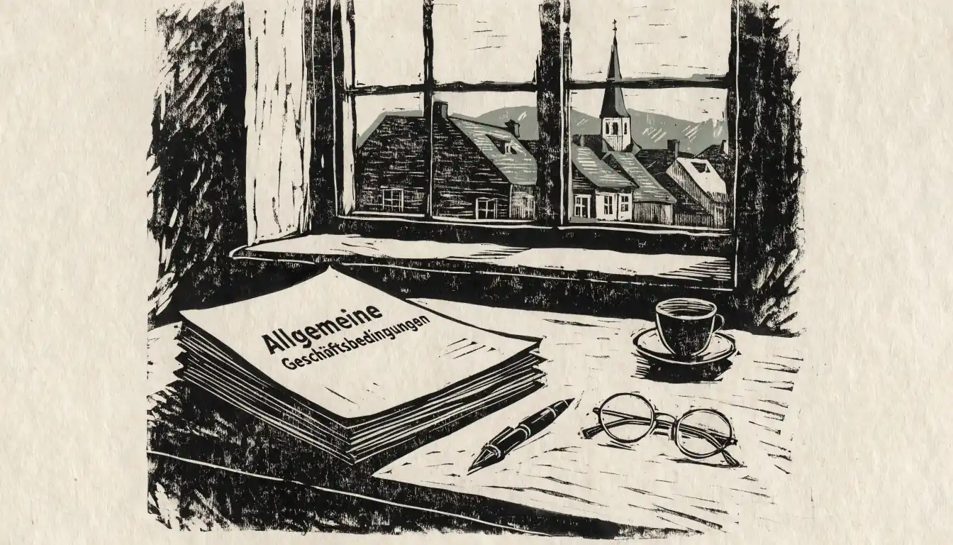Holzschreibtisch mit Nutzungsbedingungen, Kugelschreiber, Brille und Kaffee vor einem Fenster mit österreichischer Altstadtansicht.