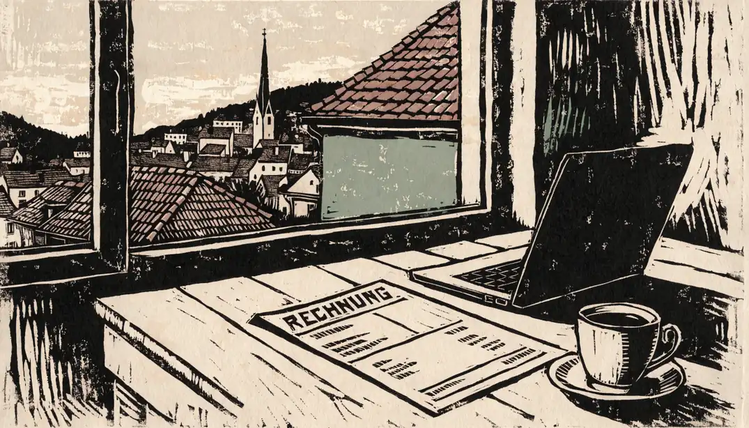 Papierrechnung auf Holztisch neben zugeklapptem Laptop und Kaffeetasse mit Blick auf österreichische Dächer