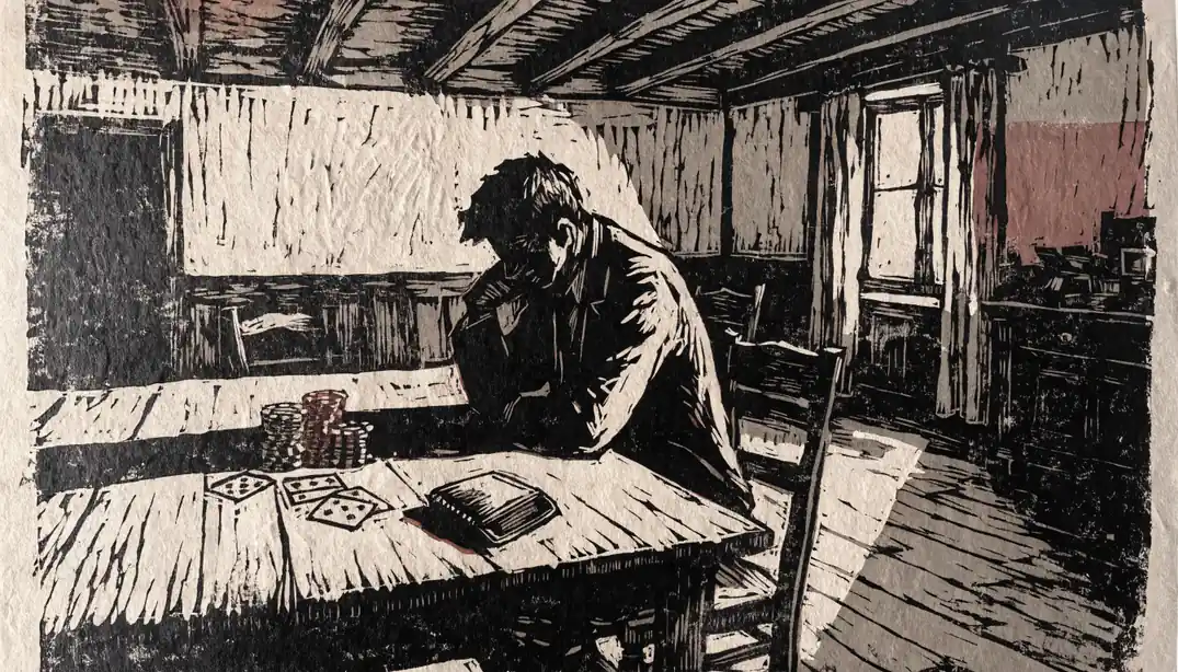 Nachdenklicher junger Mann allein in einem österreichischen Gasthaus mit Spielchips und Karten auf dem Tisch.