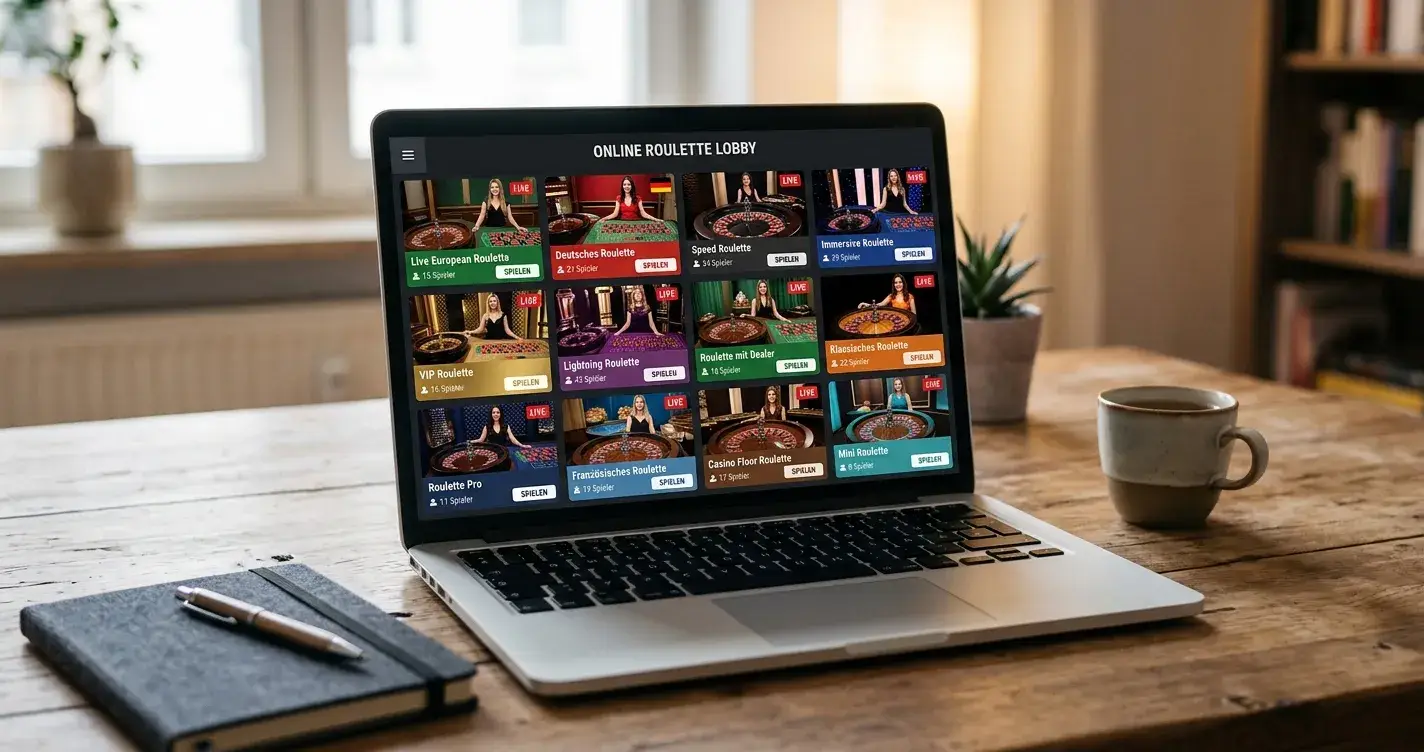 Laptop mit geöffneter Casino-Lobby und mehreren Roulette-Tischen