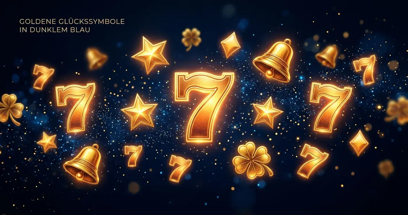 Goldene Spielautomaten-Symbole und Sterne verteilen sich über einen dunklen Hintergrund