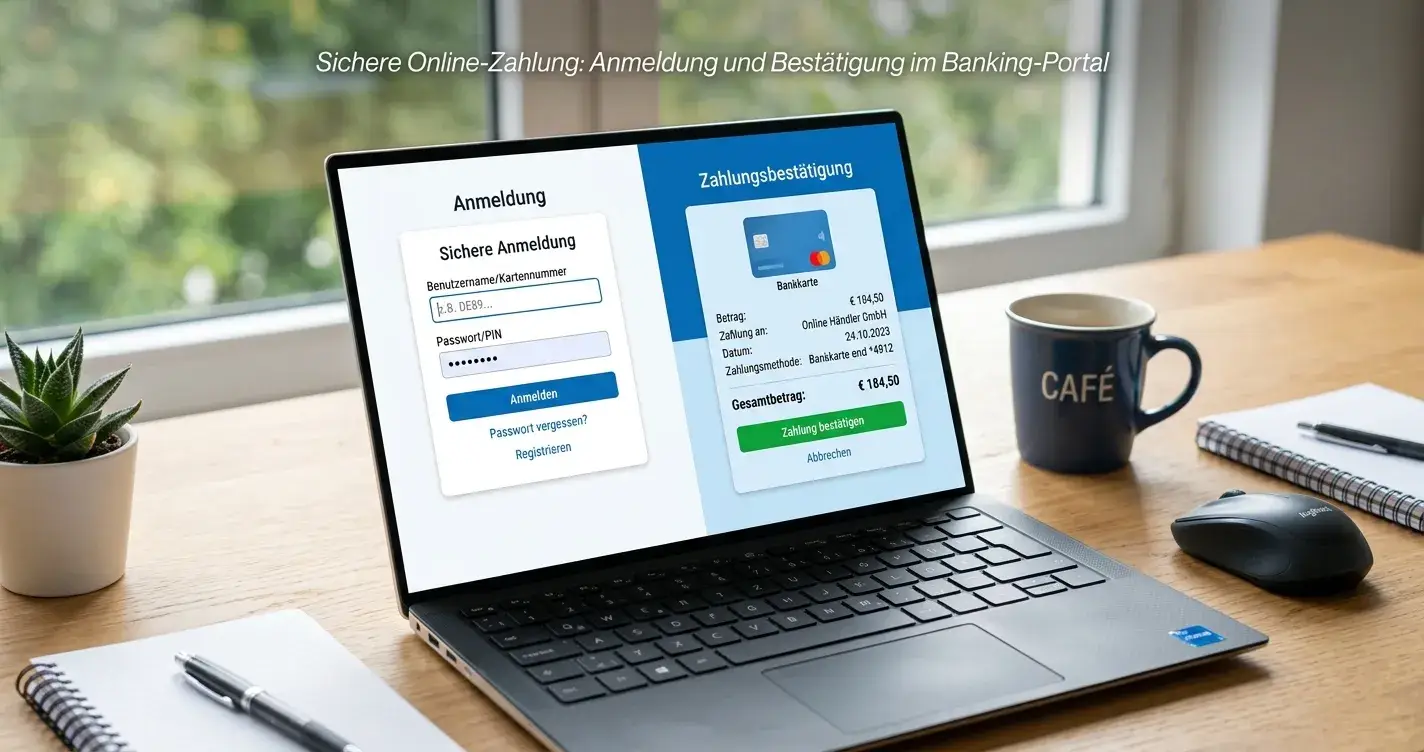 Laptop mit Klarna-Zahlungsfenster und Banking-Login-Maske nebeneinander