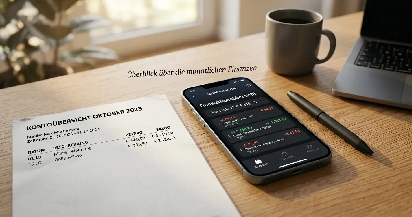 Smartphone mit neutraler Banking-App neben gedruckter Transaktionsübersicht auf Schreibtisch
