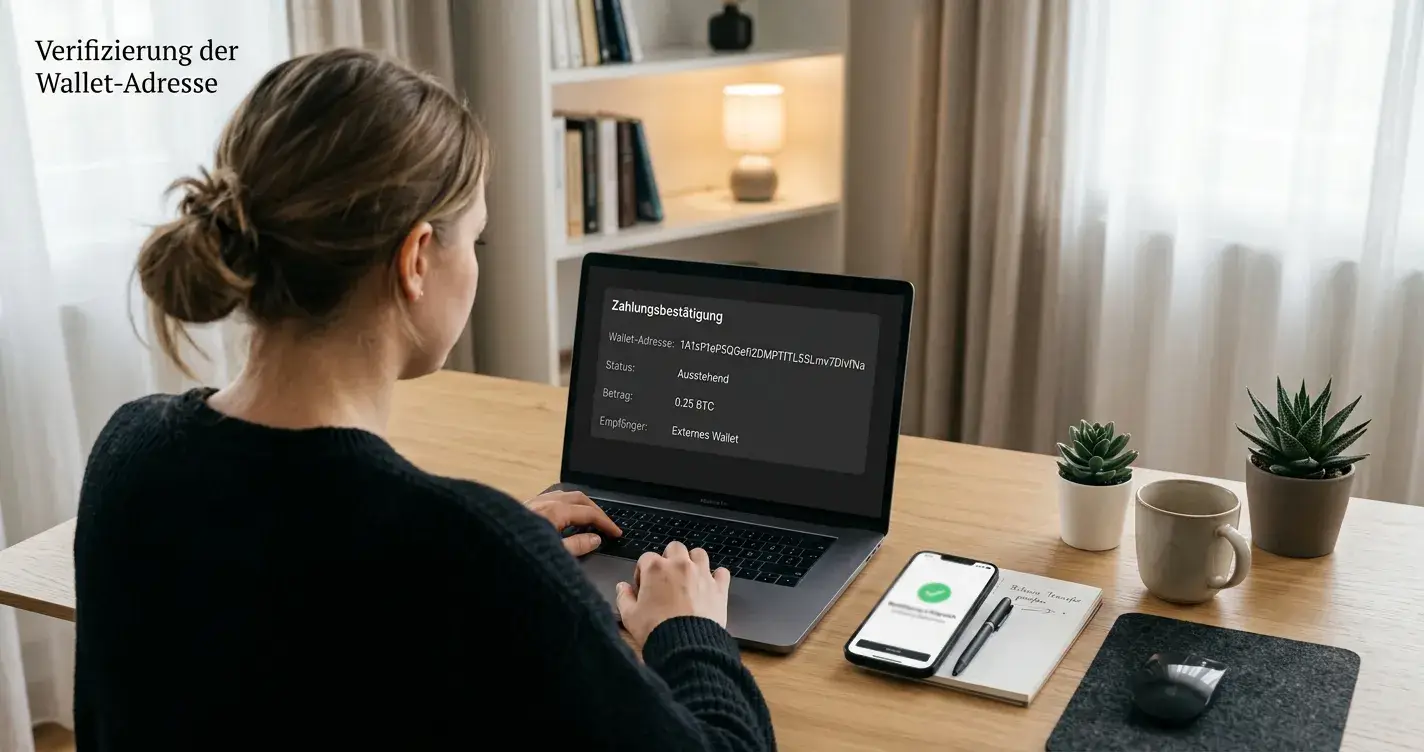 Prüfung der Krypto-Auszahlung am Laptop mit Wallet-Adresse