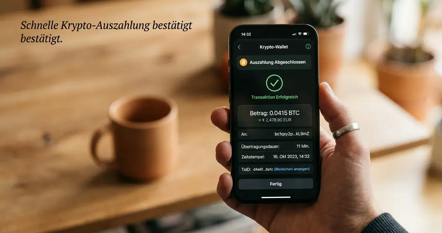 Smartphone mit Krypto-Wallet-Bildschirm zeigt schnelle Transaktion