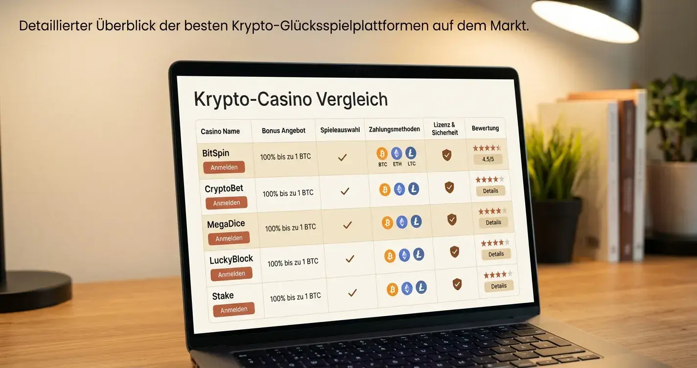 Vergleichstabelle auf Bildschirm mit verschiedenen Krypto-Casino-Optionen