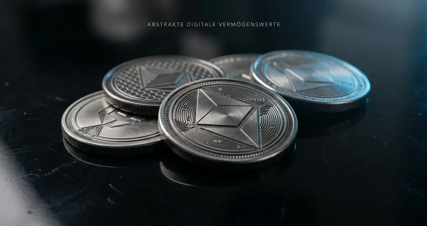 Abstrakte Krypto-Münzen als Symbol für Bitcoin und Stablecoins vor einem dunklen, ruhigen Hintergrund