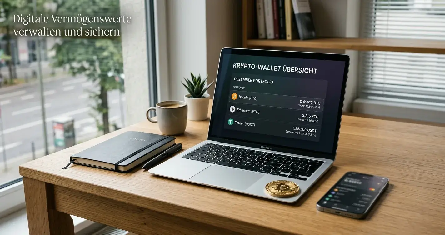 Bitcoin-Münze neben neutralem Laptop mit Krypto-Wallet-Interface