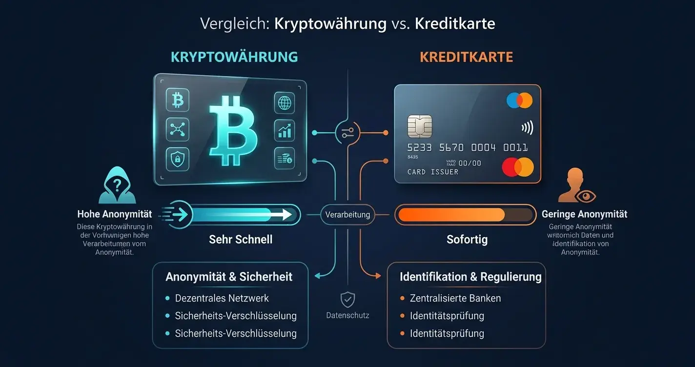 Vergleichsgrafik mit Kryptowährungssymbol und Kreditkarte