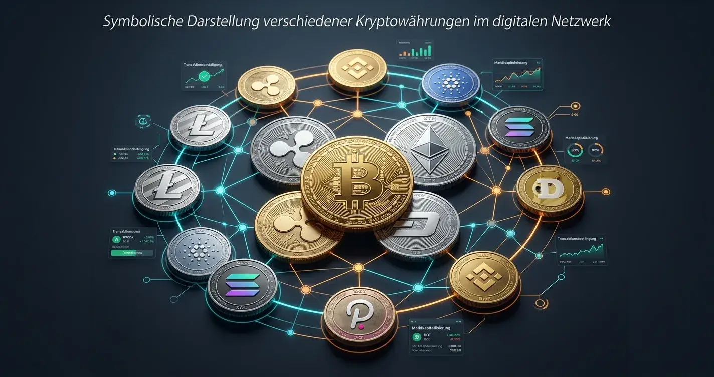 Verschiedene Kryptowährungen symbolisch dargestellt mit Bitcoin, Ethereum und Altcoin-Symbolen