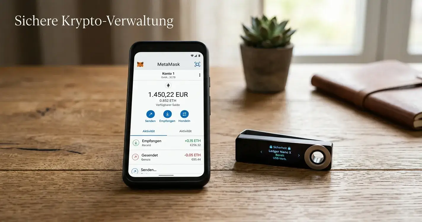 Hardware-Wallet und Smartphone mit Krypto-Wallet-App auf Holztisch