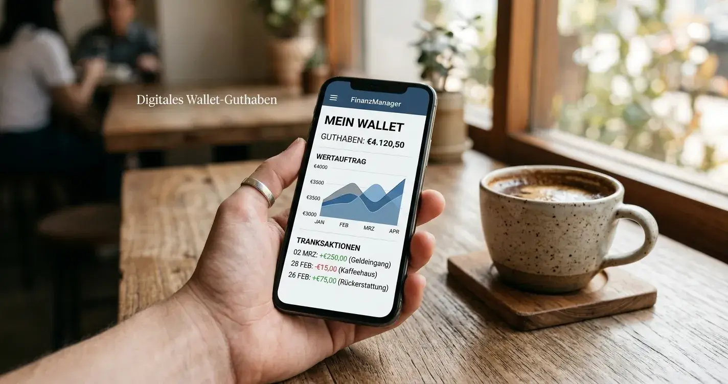Smartphone mit neutraler Krypto-Wallet-Ansicht neben einer Tasse Kaffee auf einem Tisch
