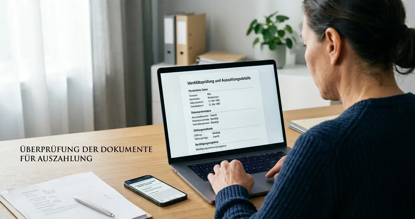 Spieler prüft KYC- und Auszahlungsbedingungen auf einem neutralen Laptop