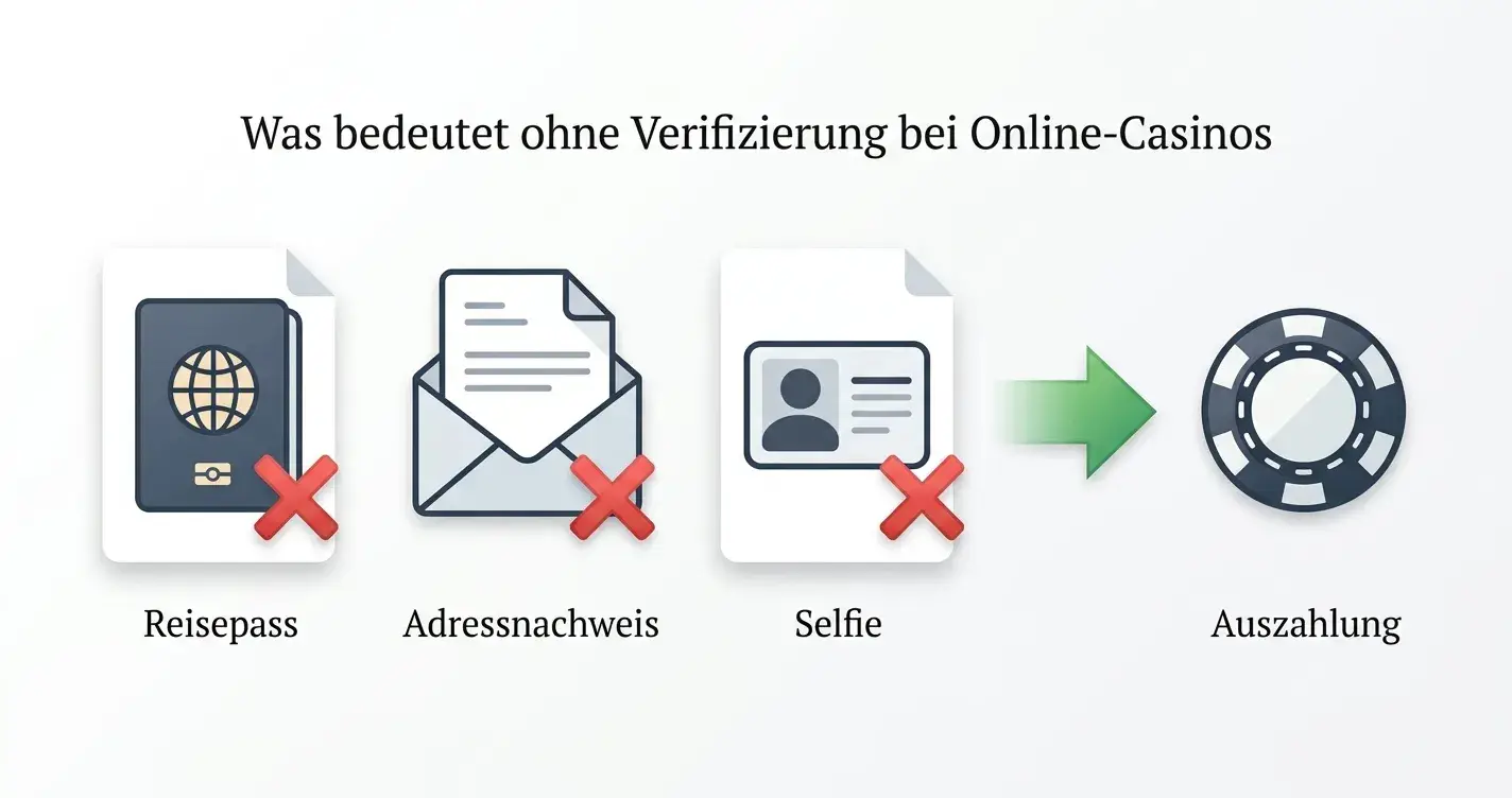 Symbolische Darstellung von KYC-Dokumenten (Pass, Adressnachweis) mit Durchstreichung bei Offshore-Casinos