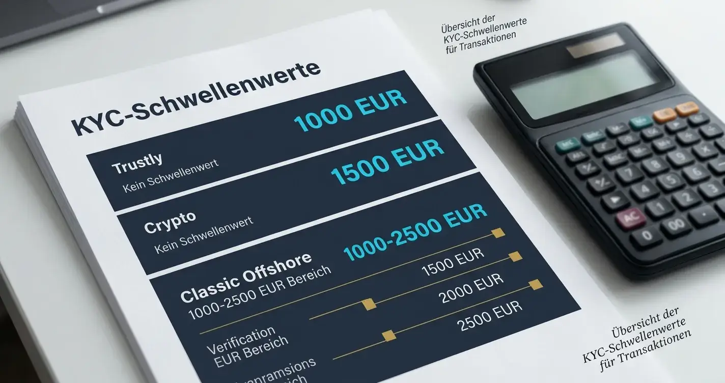 Dokument mit KYC-Schwellenwerten und Taschenrechner auf Schreibtisch