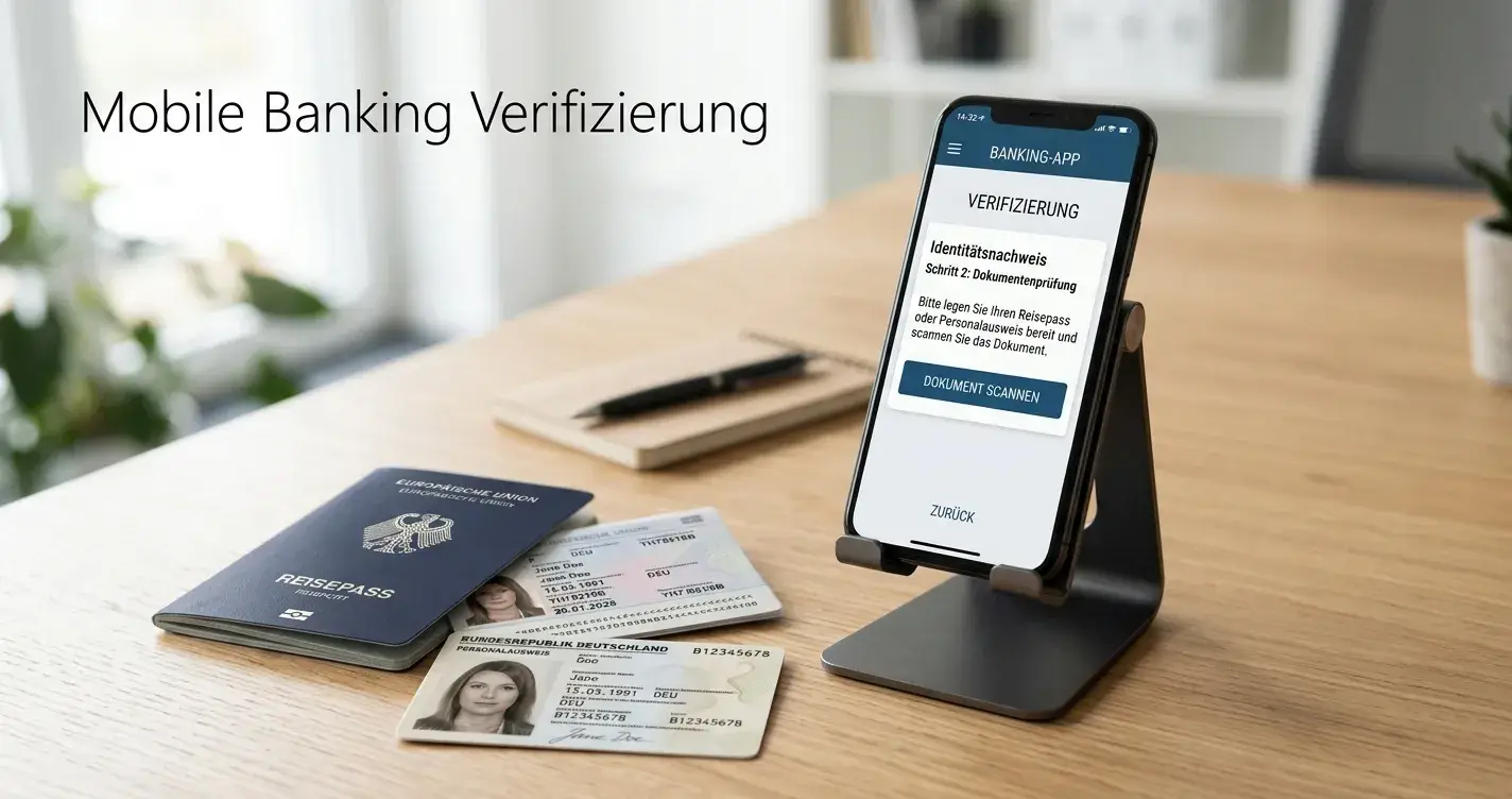 Smartphone mit Banking-App und Ausweisdokumenten auf Schreibtisch
