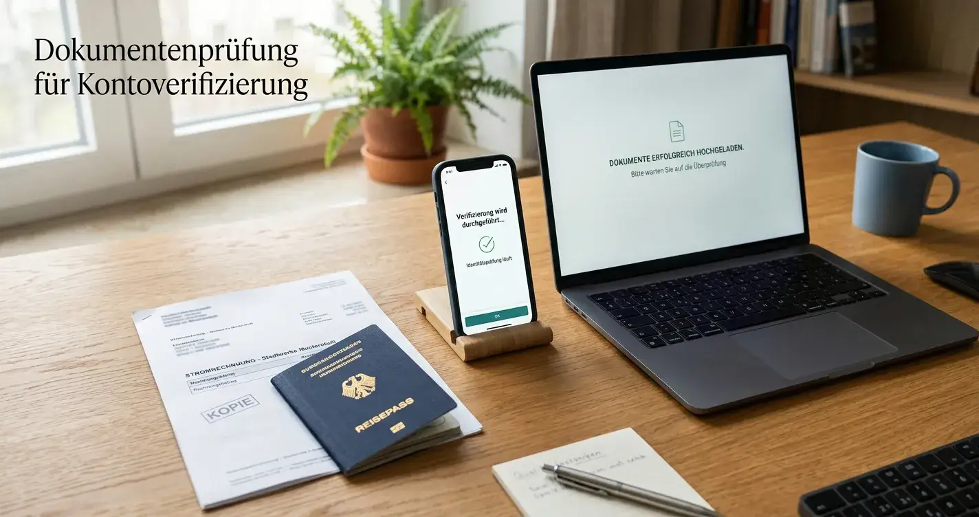Schreibtisch mit Dokumenten, Smartphone und Laptop zeigt KYC-Upload-Formular