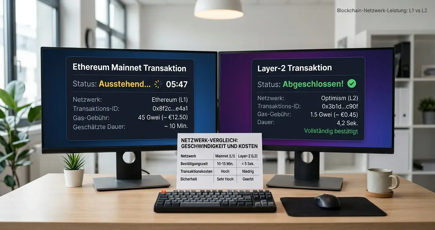 Zwei Monitore zeigen Ethereum-Mainnet-Transaktion und schnellere Layer-2-Transaktion im Vergleich