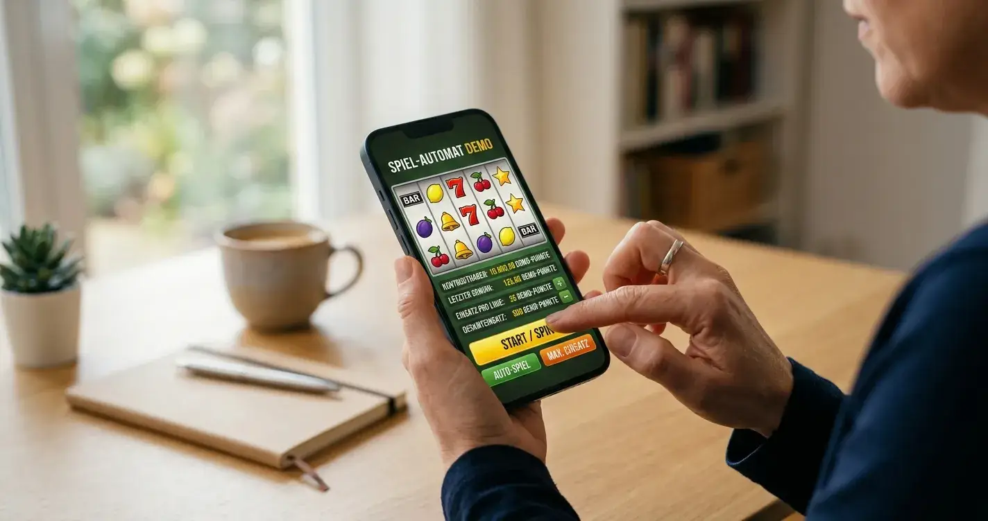 Spieler testet einen neutralen Demo-Spielautomaten auf einem Smartphone ohne Einzahlung