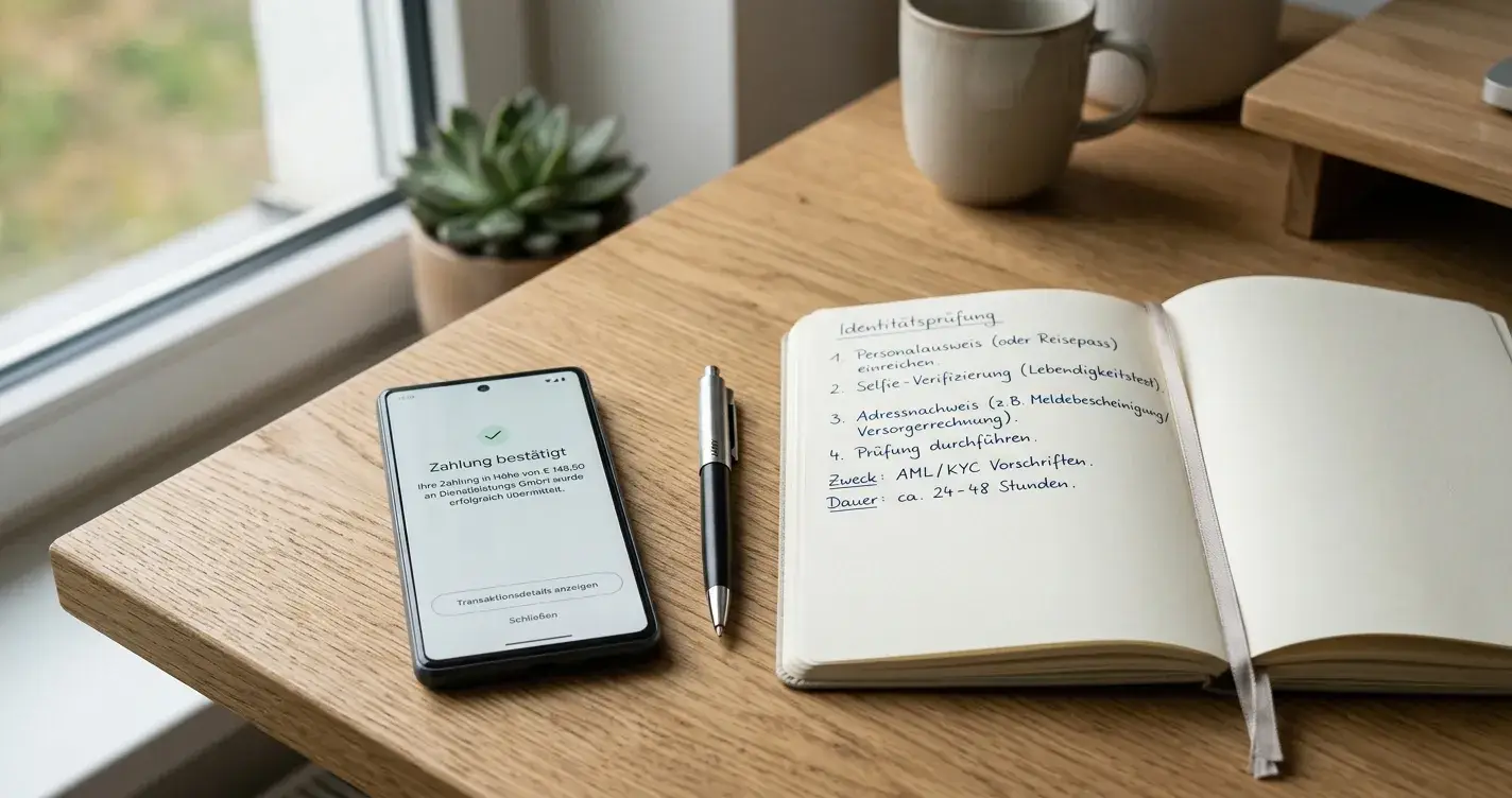 Schreibtisch mit Smartphone, neutralem Zahlungsfenster und Notizen zu Auszahlung und KYC