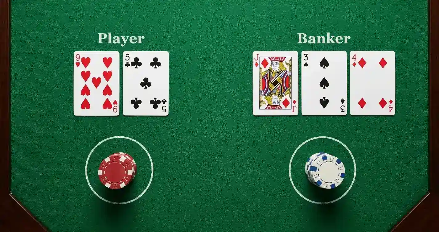 Draufsicht auf einen Live-Baccarat-Tisch mit Karten und neutralen Spielchips