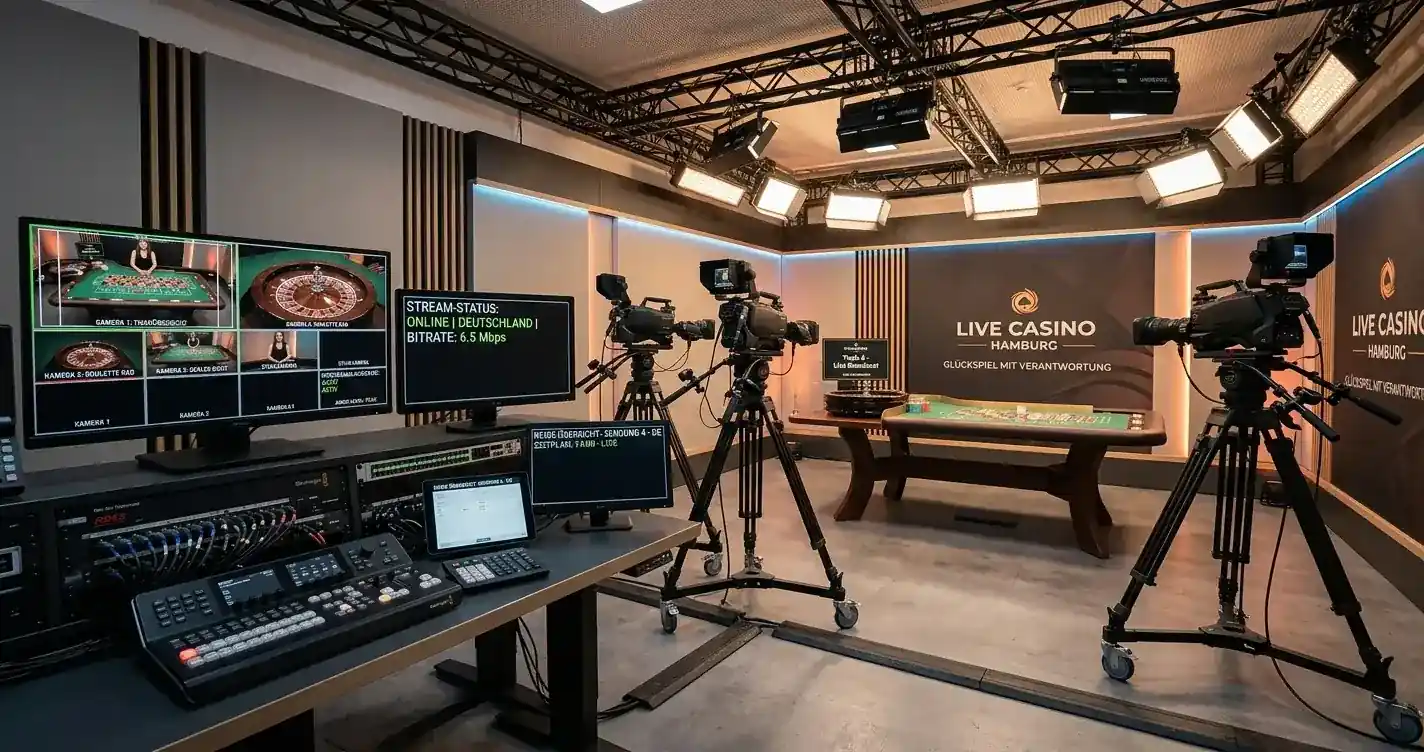Moderne Live-Casino-Studio-Ausstattung mit Kameras und Streaming-Technologie