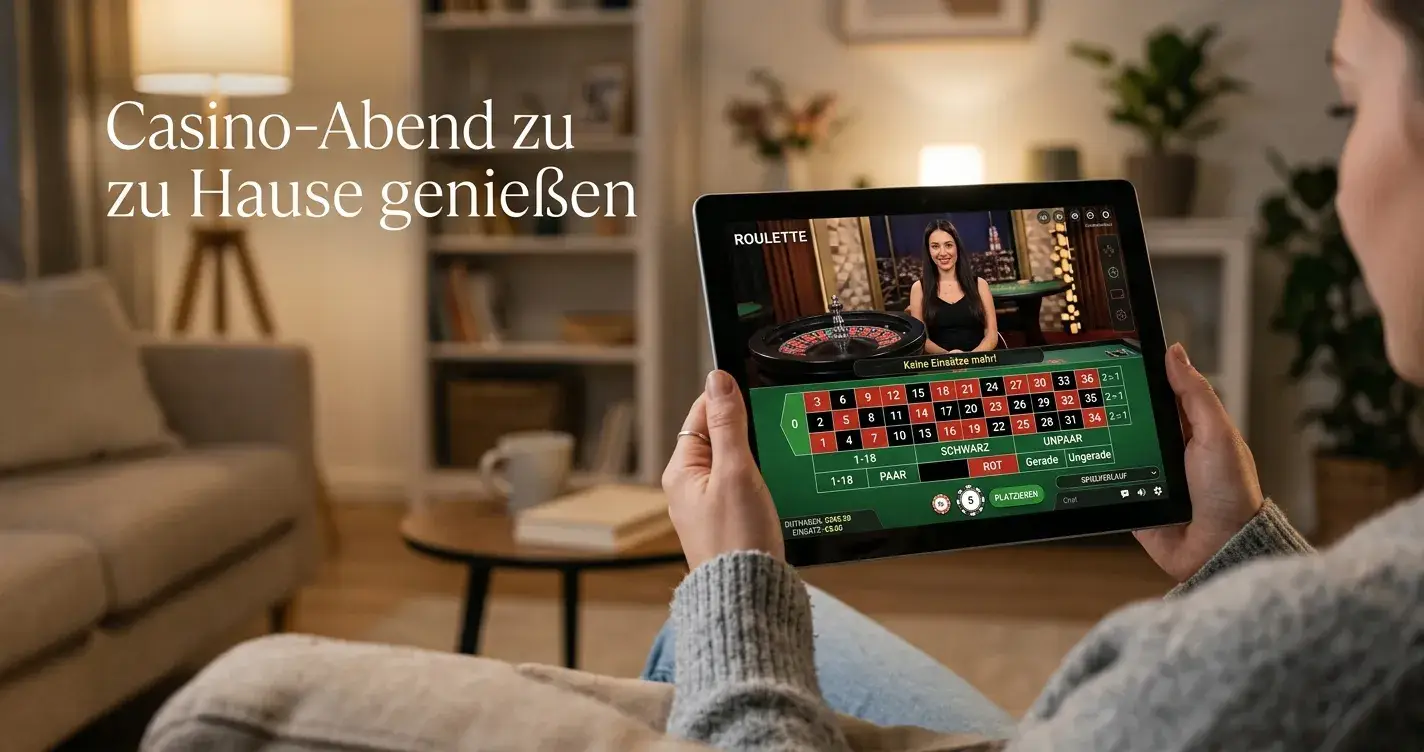 Person spielt Live-Casino am Tablet in moderner Wohnumgebung
