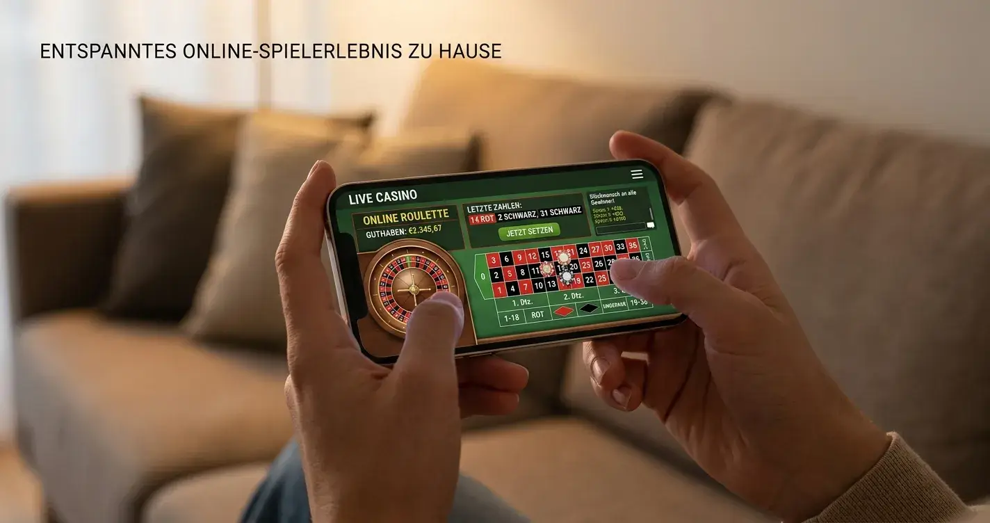 Person spielt Live Roulette auf Smartphone in gemütlicher Umgebung