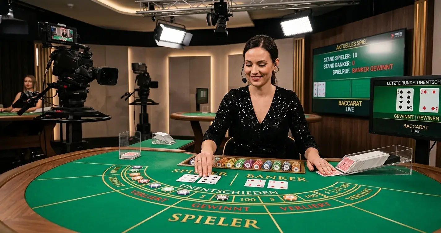 Live-Dealer-Baccarat-Tisch mit Croupier und HD-Kamerawinkel im Studio