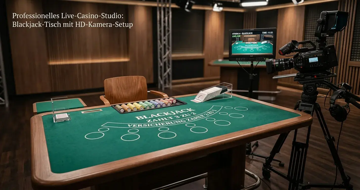 Professionelles Live Casino Studio mit Blackjack-Tisch und HD-Kameras
