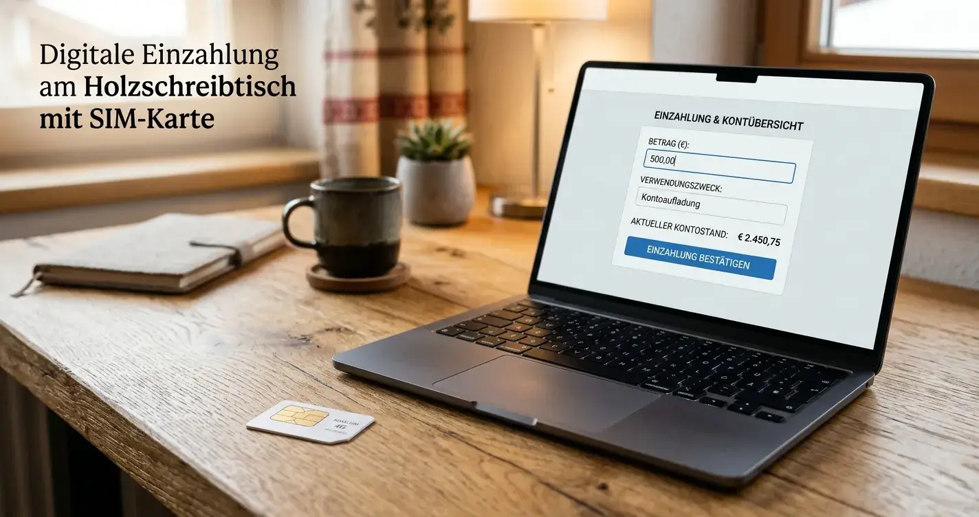 Österreichische Magenta-SIM-Karte neben einem Laptop mit geöffnetem Casino-Kassen-Bildschirm