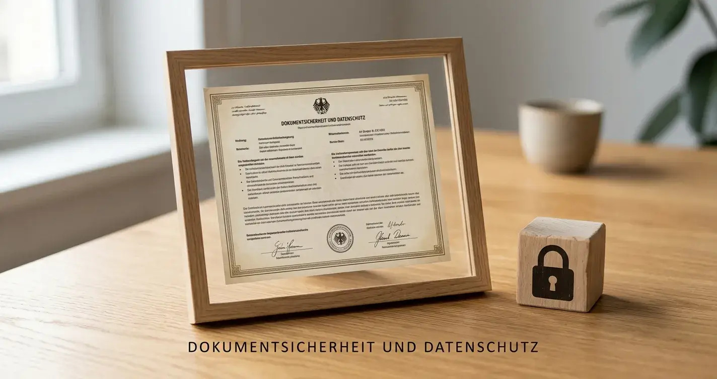 Lizenzurkunde auf einem Schreibtisch, daneben ein Schloss-Symbol als Sicherheitsindikator