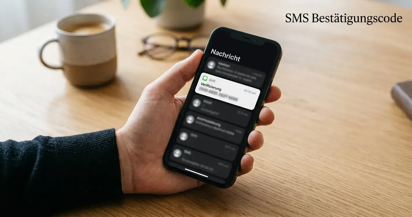 Person tippt SMS-Bestätigungscode auf einem Smartphone, im Hintergrund ein ruhiger Schreibtisch