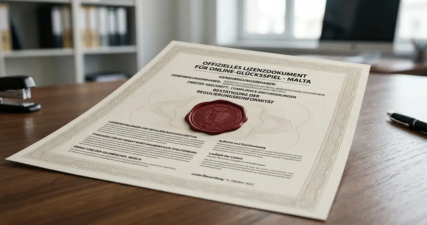Malta Gaming Authority Lizenzdokument aufgeschlagen mit offizieller Prägung und Hologrammsiegel auf Bürotisch
