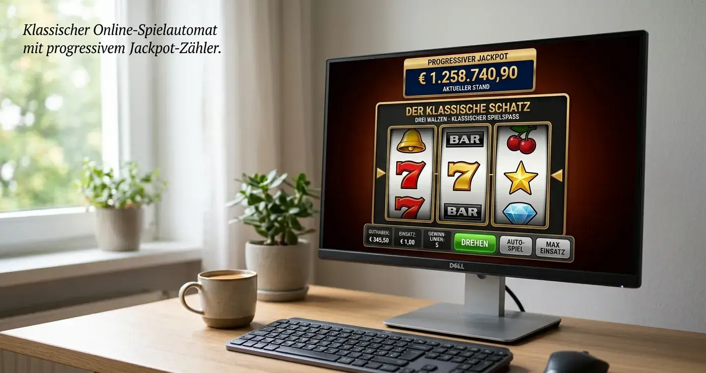 Spielautomat mit progressiver Jackpot-Anzeige und klassischem Walzenfeld