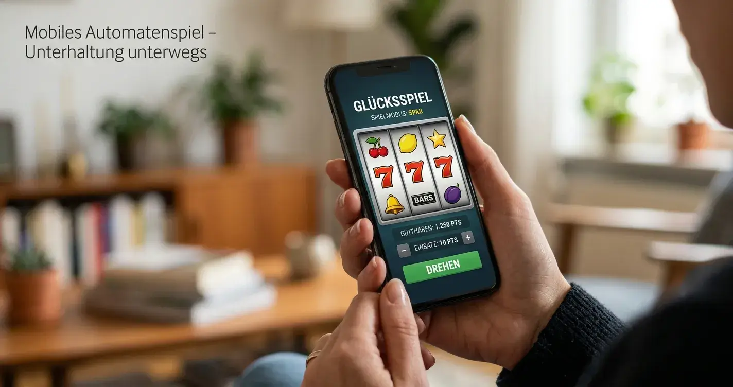 Smartphone in einer Hand zeigt einen generischen Spielautomaten in aufrechter Darstellung