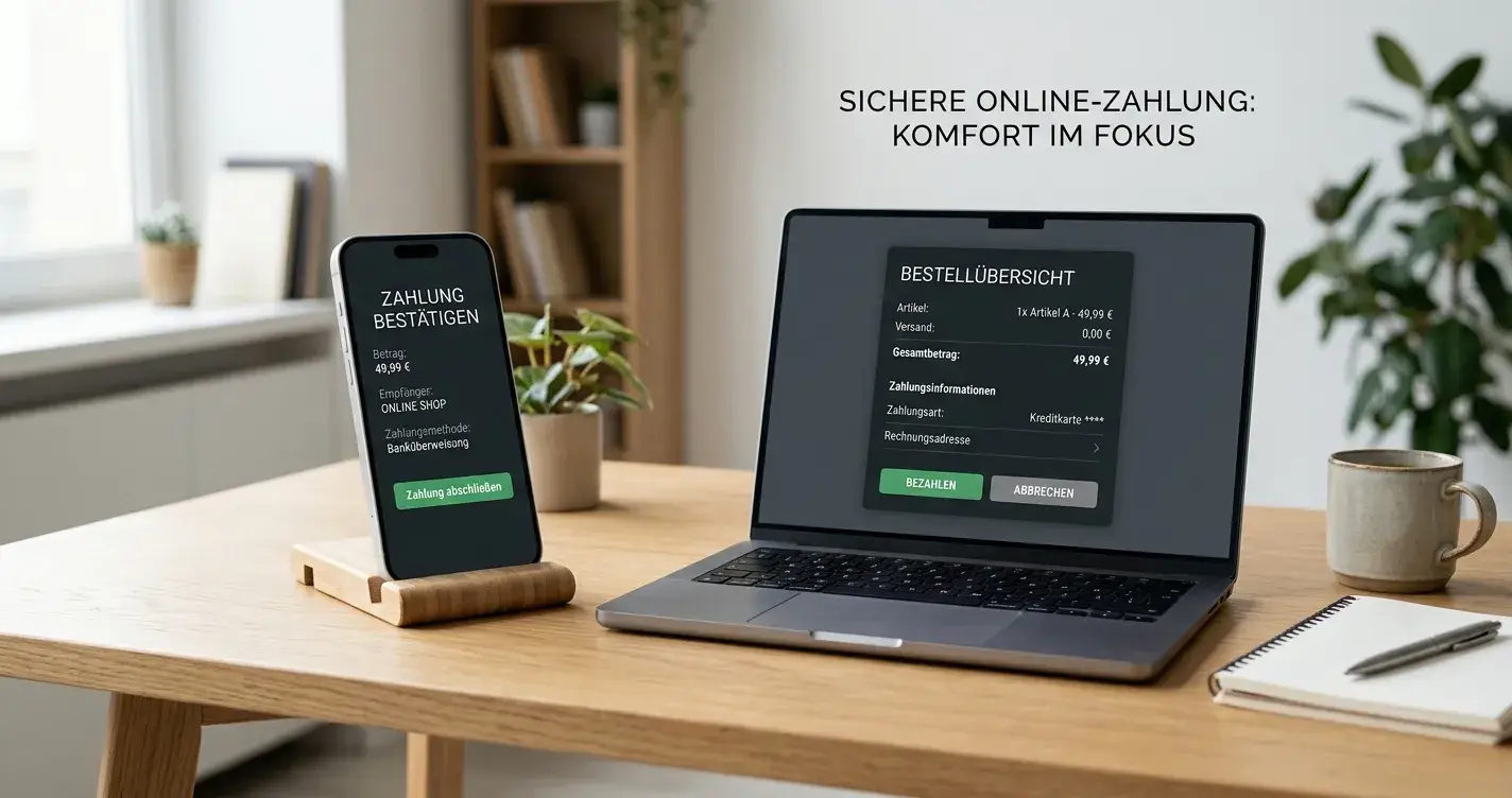 Smartphone und Laptop nebeneinander auf einem sauberen Schreibtisch, neutrale Zahlungssymbole auf beiden Bildschirmen