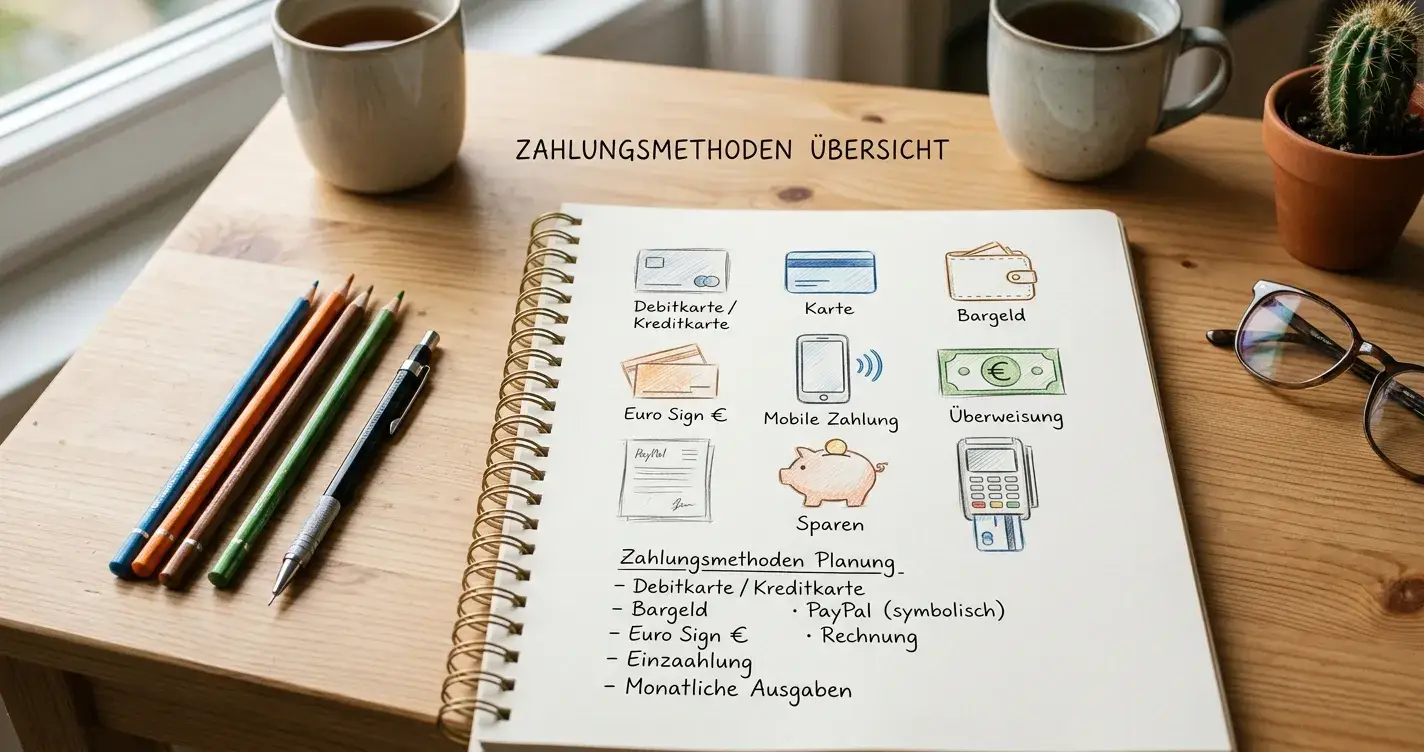Schreibtisch mit Notizblock und aufgefächerten Zahlungsoptionen-Symbolen ohne Markenlogos