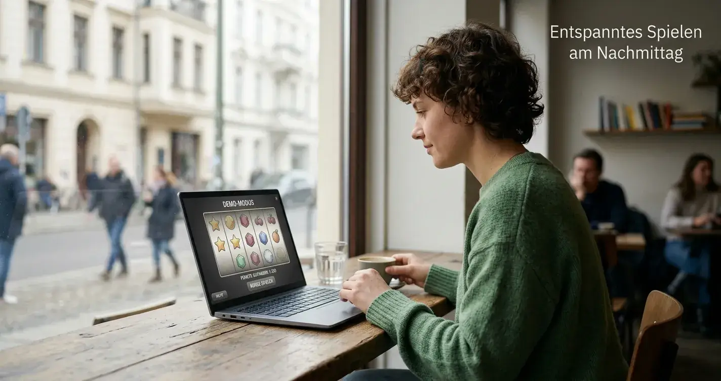 Person an einem Laptop im Café, Demo-Oberfläche mit neutralen Spielsymbolen auf dem Bildschirm
