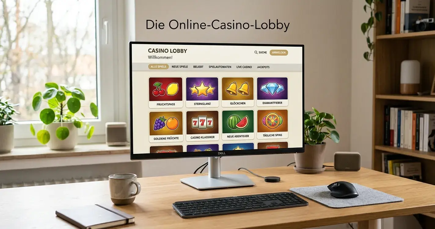 Generische Spielautomaten-Walzen mit neutralen Fruchtsymbolen in einer sauberen Online-Lobby