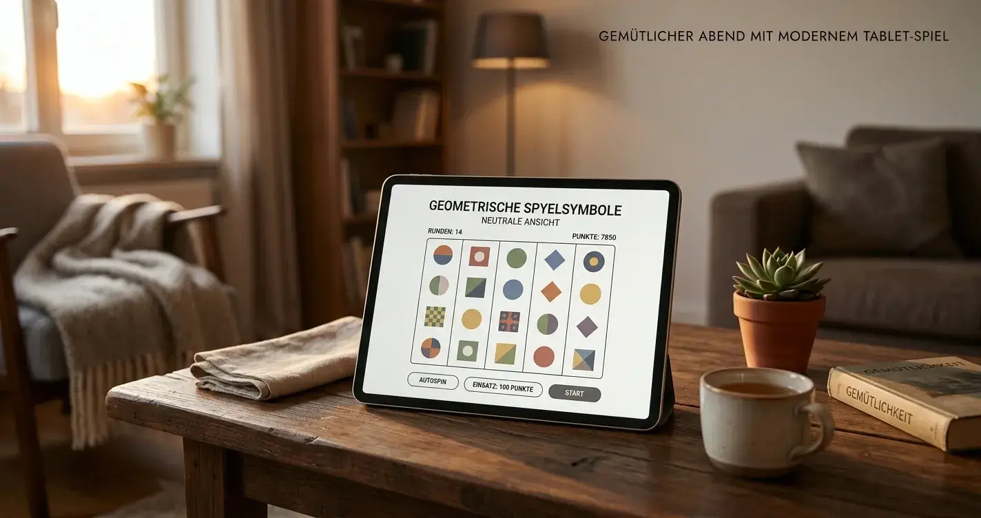 Tablet auf einem Couchtisch mit neutralem Spielsymbolraster auf dem Bildschirm, warmes Abendlicht