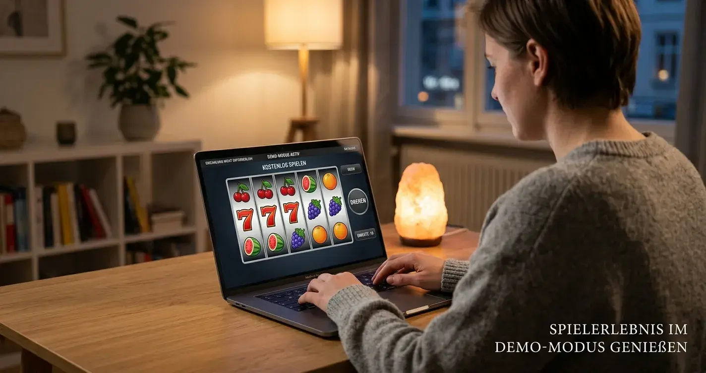 Person testet einen Demo-Spielautomaten ohne Registrierung am Laptop