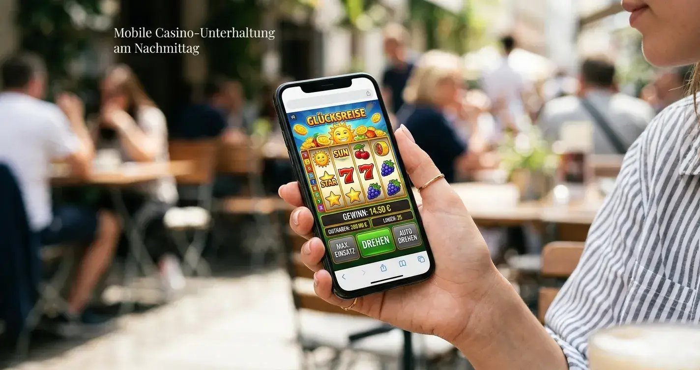 Smartphone in der Hand mit laufendem Casino-Slot im Browser