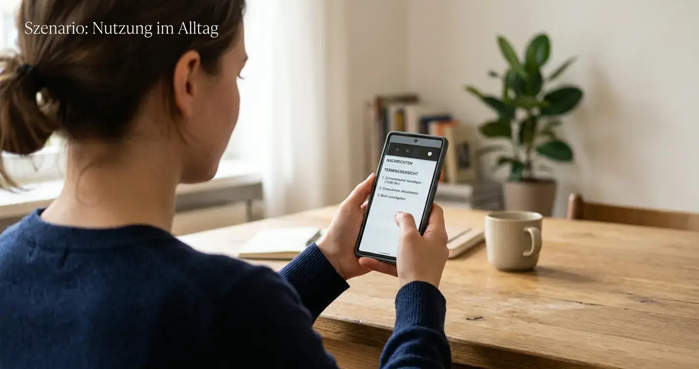 Person hält Smartphone in der Hand, aufgeräumte Umgebung, natürliches Licht