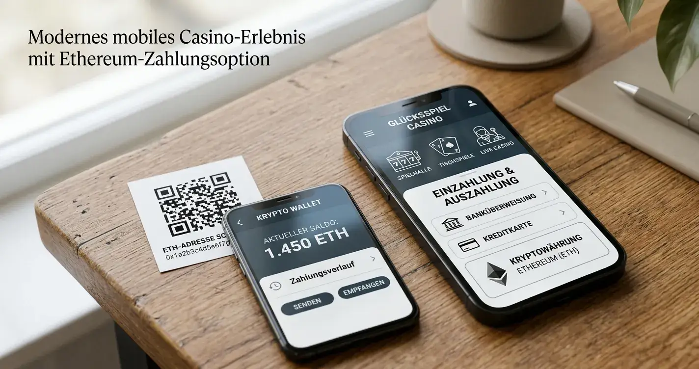 Smartphone zeigt mobiles Casino-Interface mit Ethereum-Zahlung, daneben zweites Smartphone mit Krypto-Wallet-App