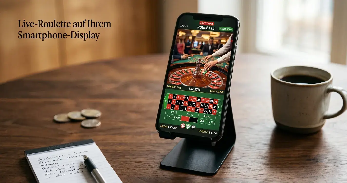 Smartphone mit geöffneter Live-Roulette-App auf Tisch