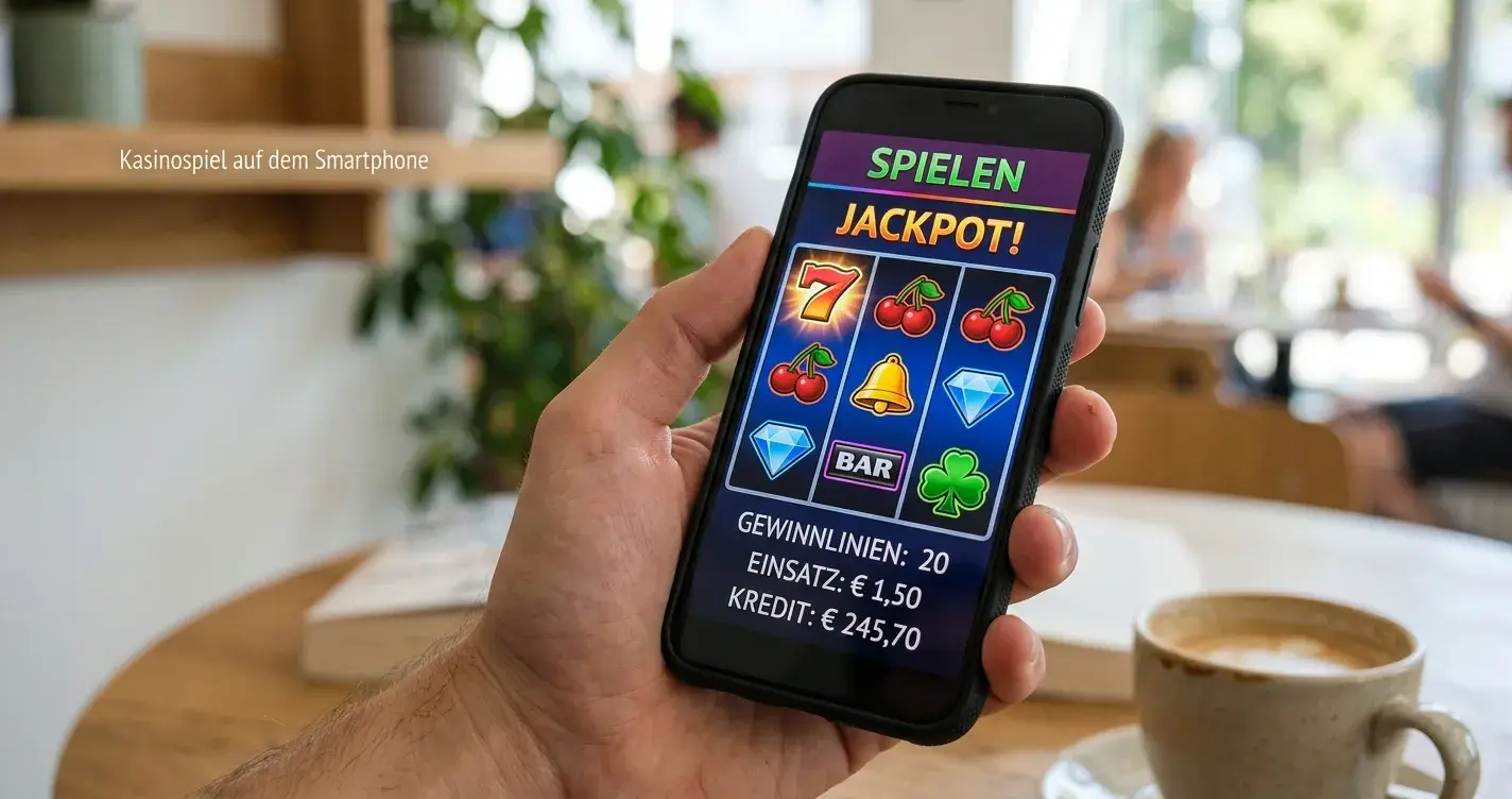 Hand hält Smartphone mit Slot-Spiel auf dem Bildschirm