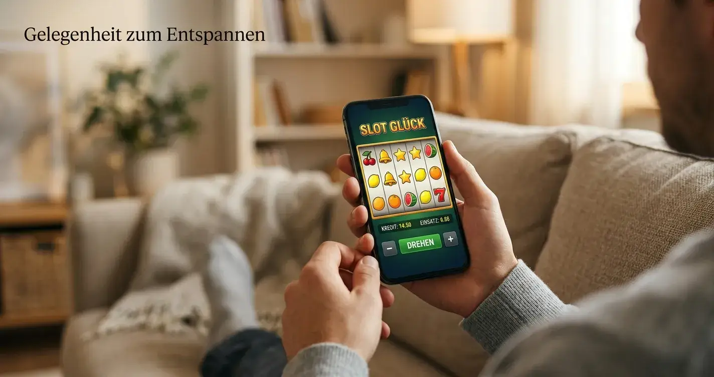 Hand mit Smartphone, auf dem eine neutrale Spielautomaten-Oberfläche zu sehen ist, in gemütlicher Umgebung
